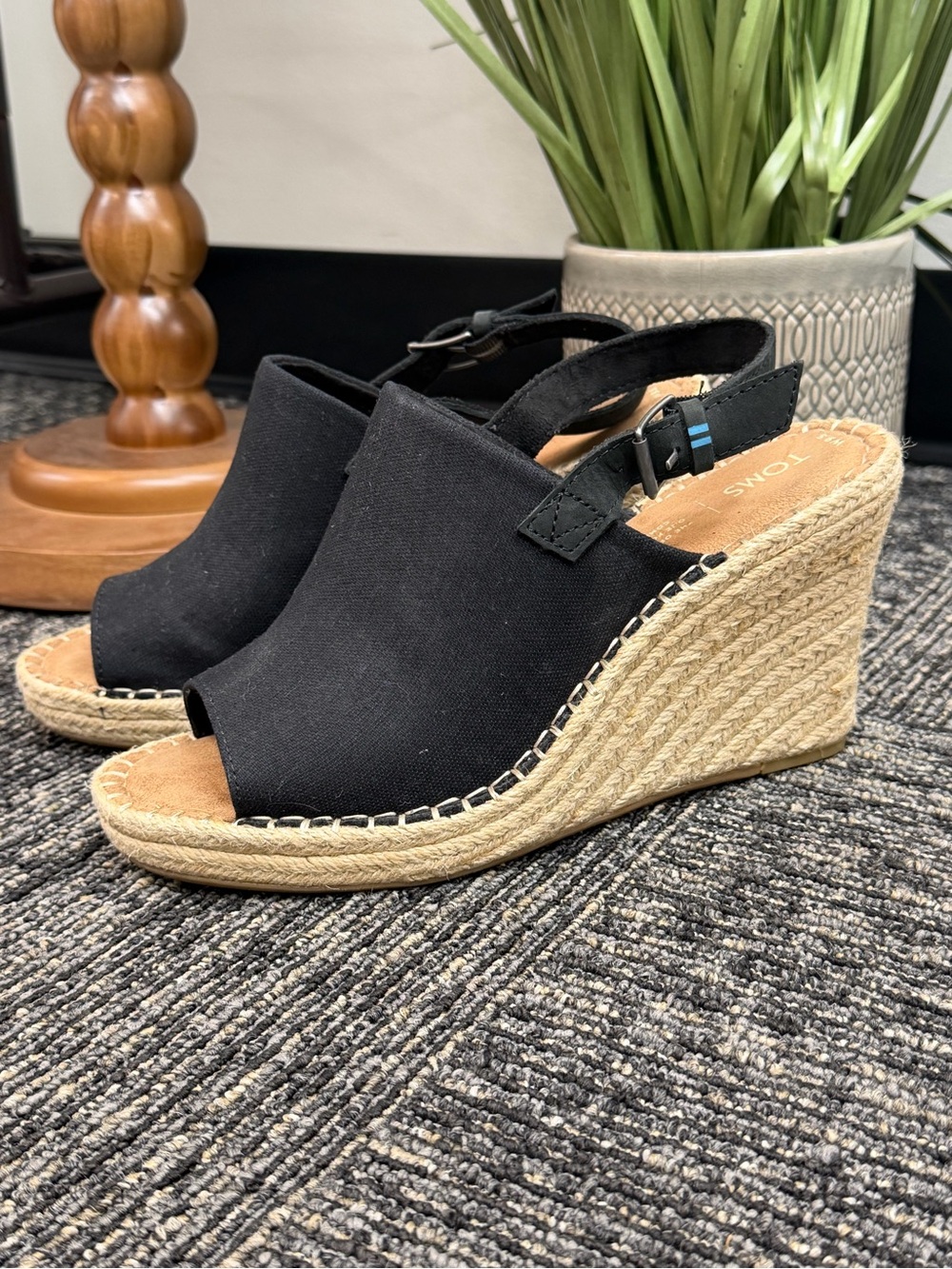TOMS Black Canvas Peep-Toe Jute Wedge Sandals